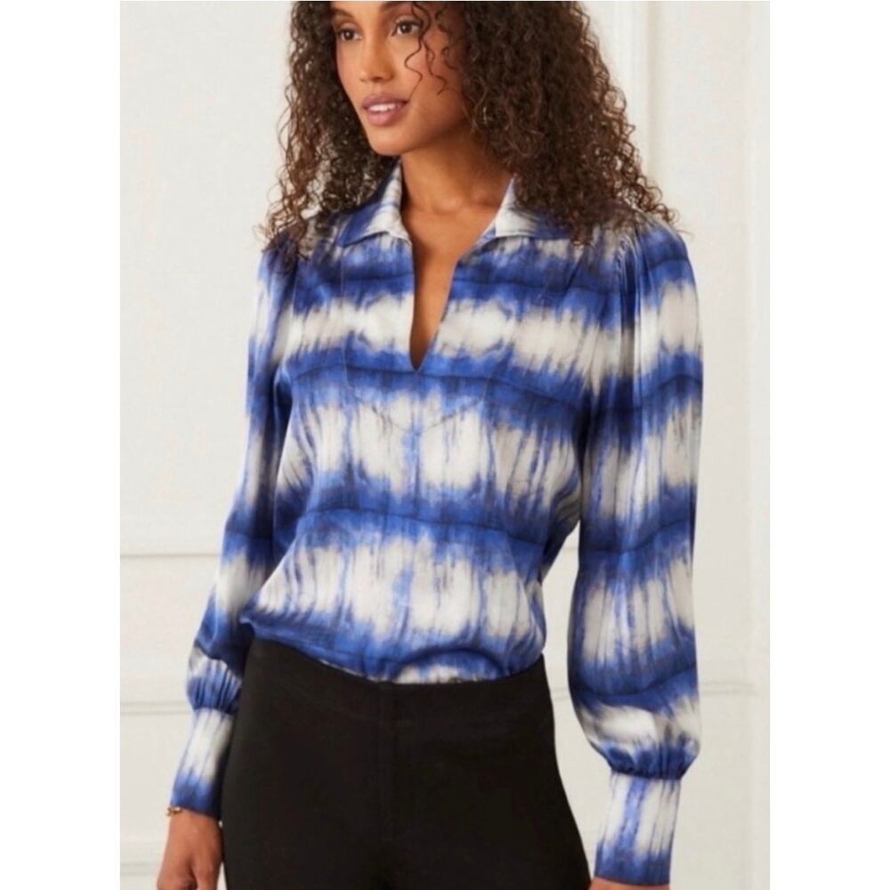 Karen Kane Royal Chill Tie Dye Blouse Small Blue White V Neck Work Top NWT